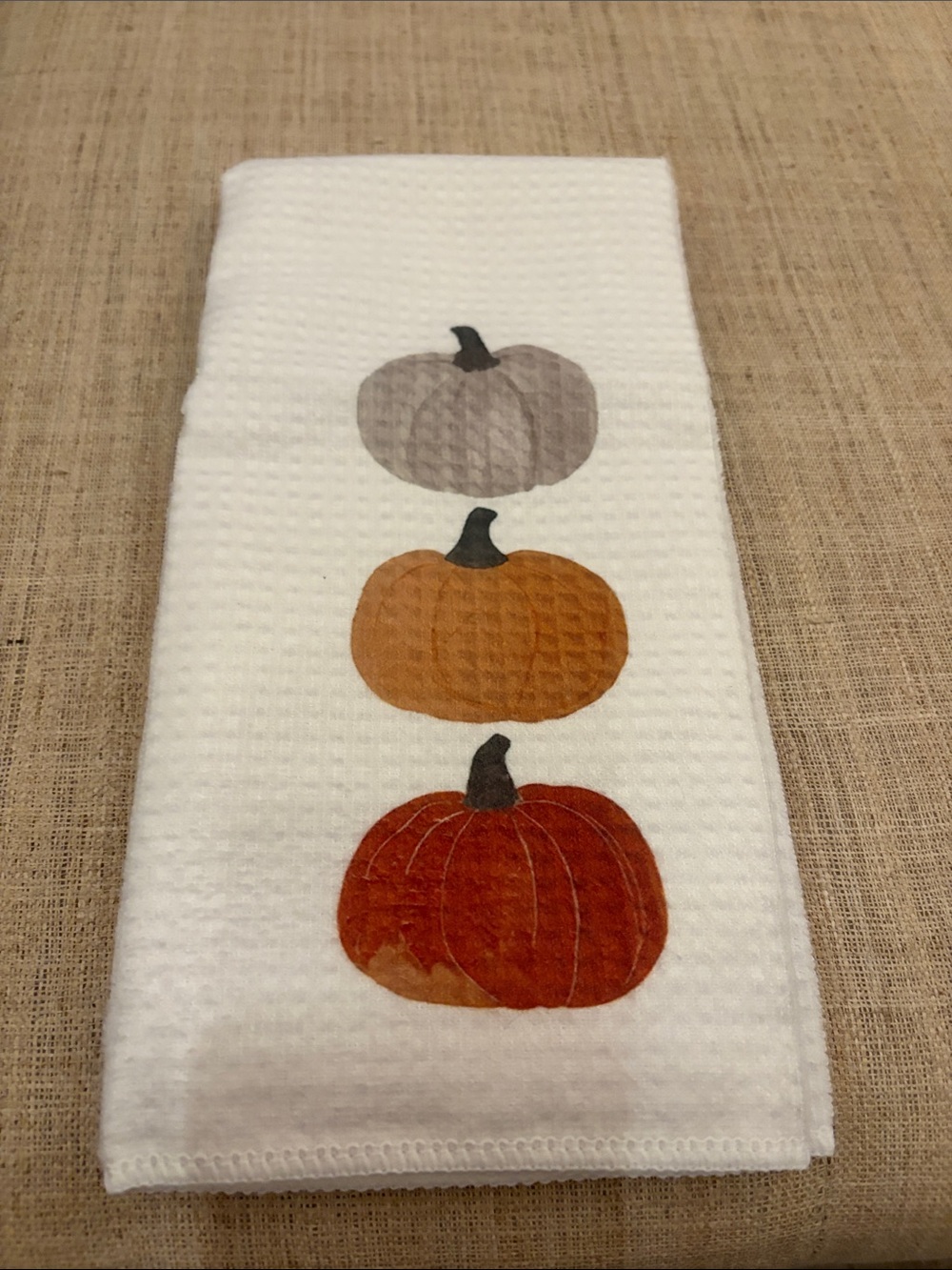 White Fall Pumpkin Kitchen Towel with Orange and Brown Pumpkins